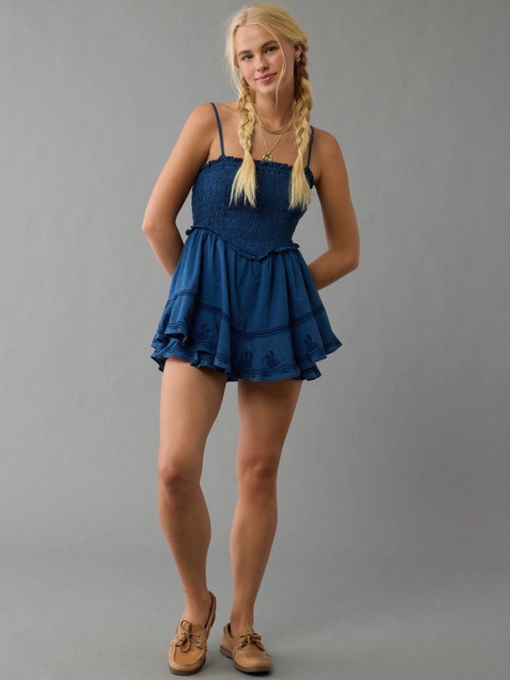 American Eagle Navy Blue Smocked Romper